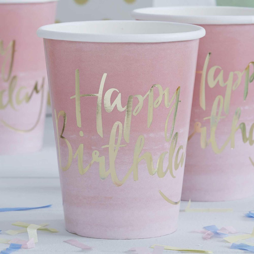 Paper Cups |   Gold Foiled Pink Ombre Happy Birthday Paper Cups – Pick And Mix Paper Cups Paper Cups