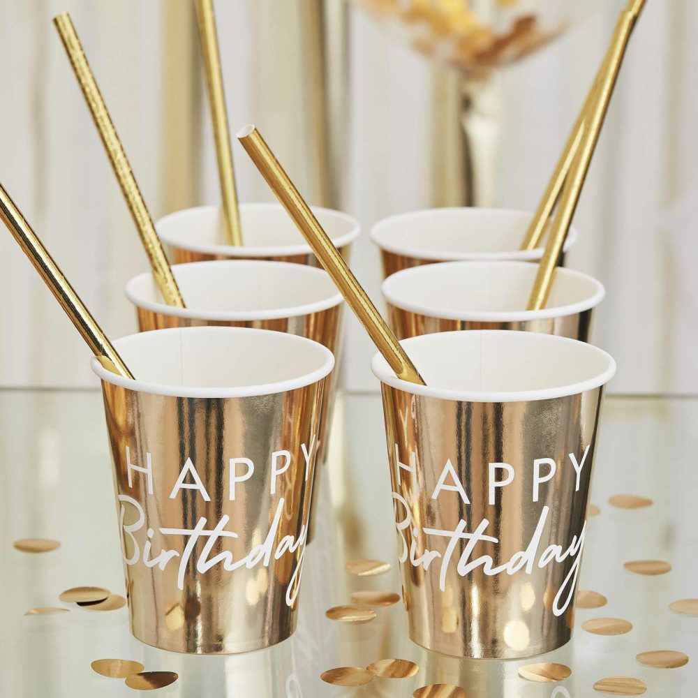 Paper Cups |   Gold Happy Birthday Party Cups Paper Cups Paper Cups