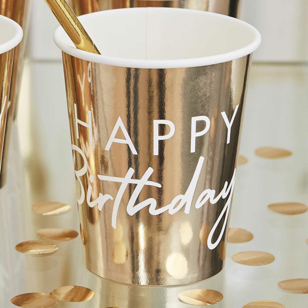 Paper Cups |   Gold Happy Birthday Party Cups Paper Cups Paper Cups