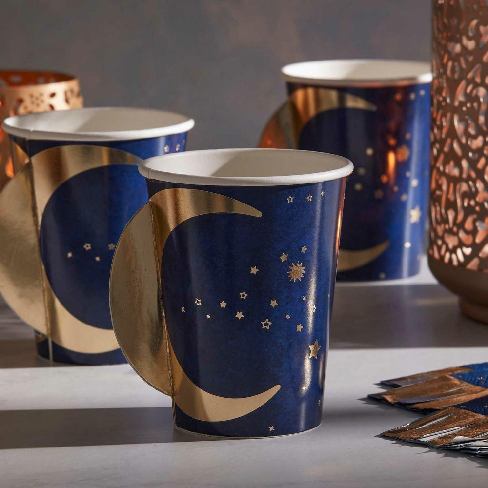 Paper Cups |   Navy & Gold Pop Out Moon Eid Paper Cups Paper Cups Paper Cups