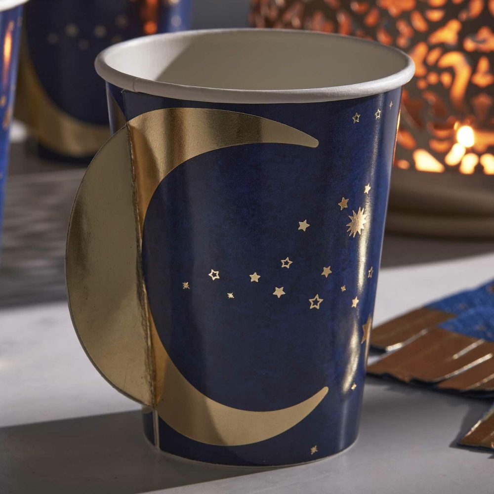 Paper Cups |   Navy & Gold Pop Out Moon Eid Paper Cups Paper Cups Paper Cups