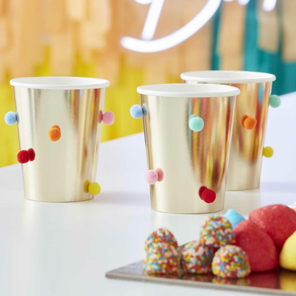 Paper Cups |   Rainbow Pom Pom Gold Paper Party Cups Paper Cups Paper Cups