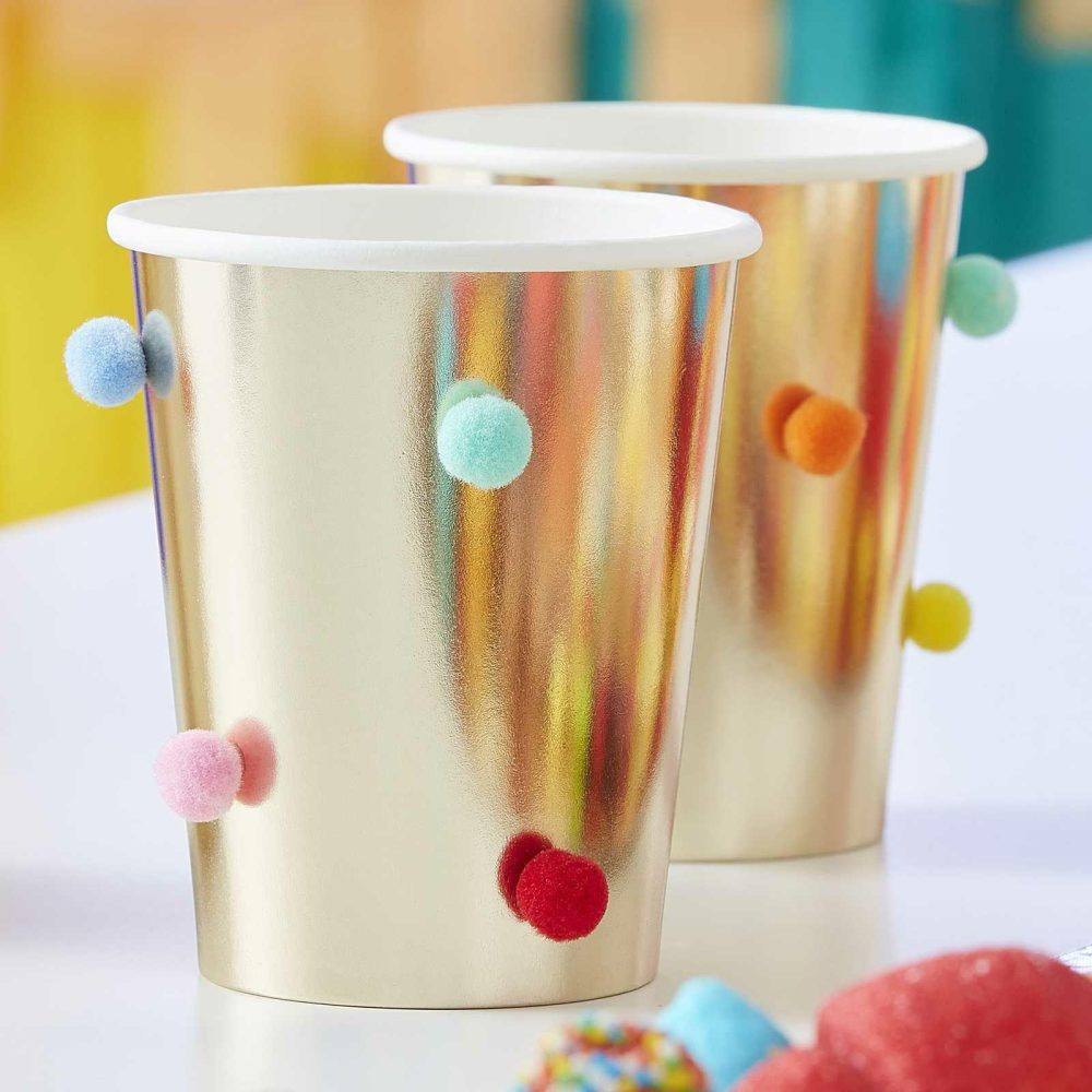 Paper Cups |   Rainbow Pom Pom Gold Paper Party Cups Paper Cups Paper Cups