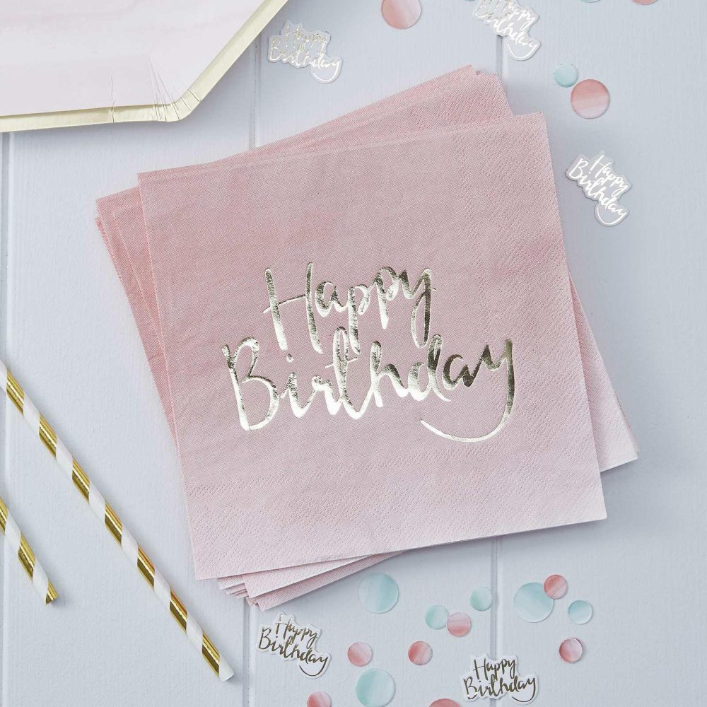 Paper Napkins |   Gold Foiled Pink Ombre Happy Birthday Napkins Paper Napkins Paper Napkins