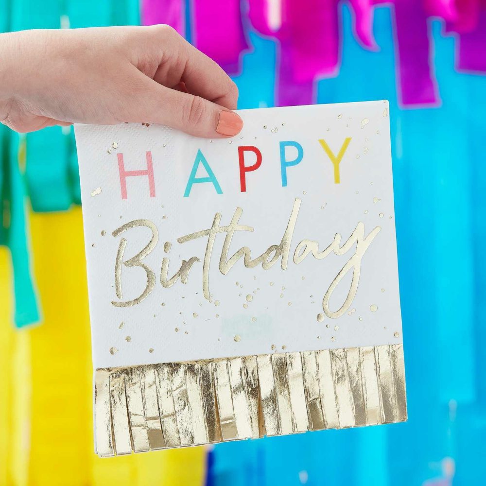 Paper Napkins |   Happy Birthday Fringed Gold Napkins Paper Napkins Paper Napkins