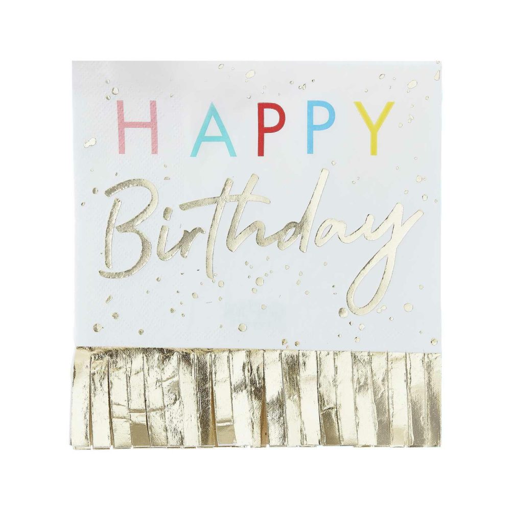 Paper Napkins |   Happy Birthday Fringed Gold Napkins Paper Napkins Paper Napkins