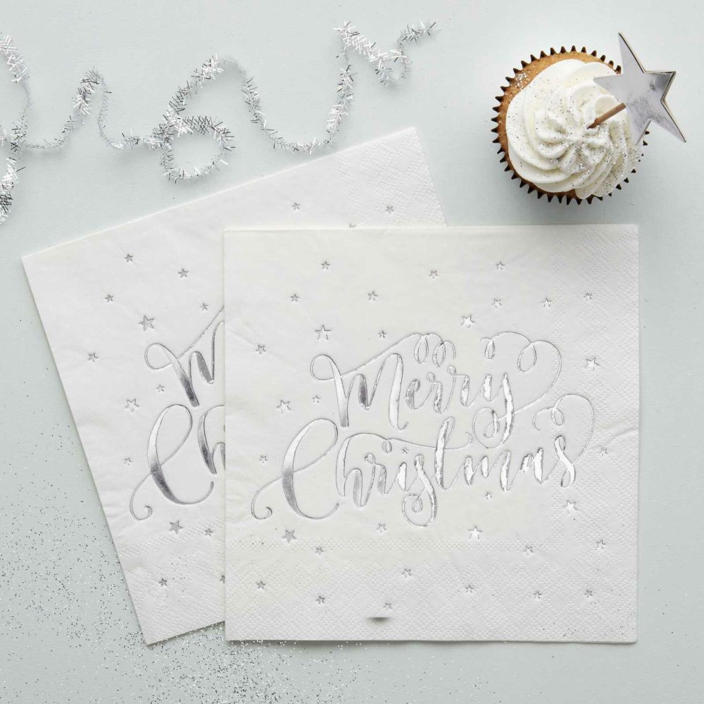 Paper Napkins |   Silver Foiled Merry Christmas Napkins Paper Napkins Paper Napkins