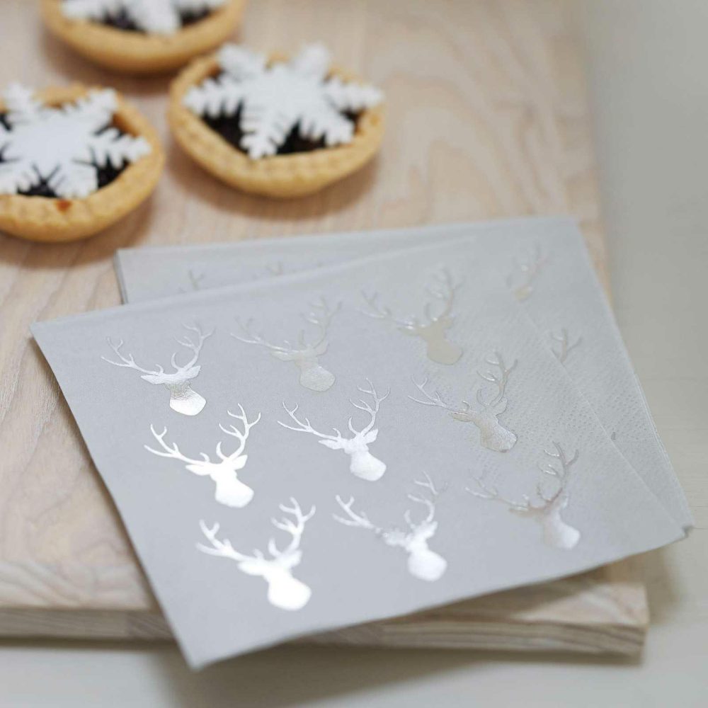 Paper Napkins |   Silver Foiled Stag Christmas Cocktail Napkins Paper Napkins Paper Napkins