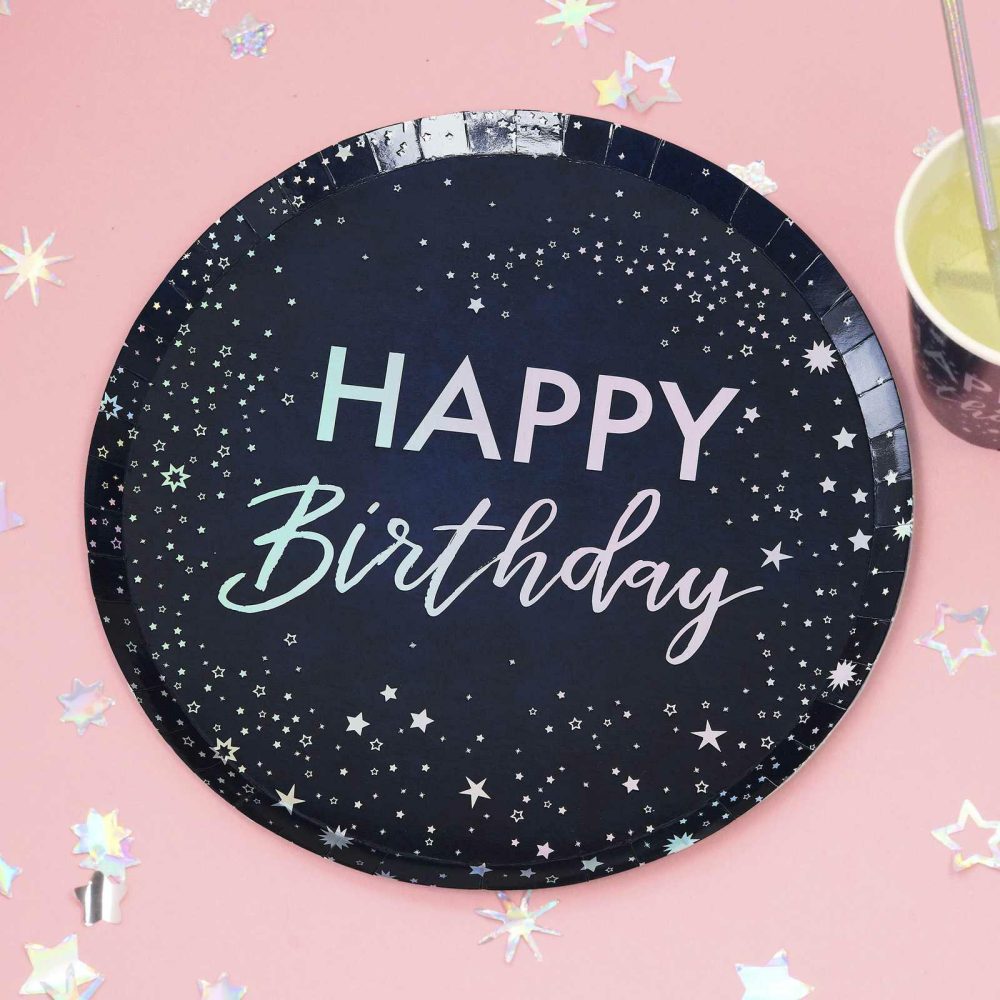 Paper Plates |   Iridescent Foiled Happy Birthday Paper Plates Paper Plates Paper Plates