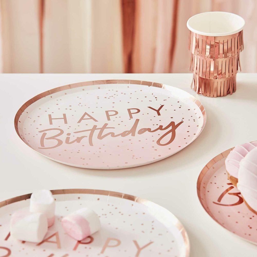 Paper Plates |   Rose Gold Ombre Paper Happy Birthday Plates Paper Plates Paper Plates