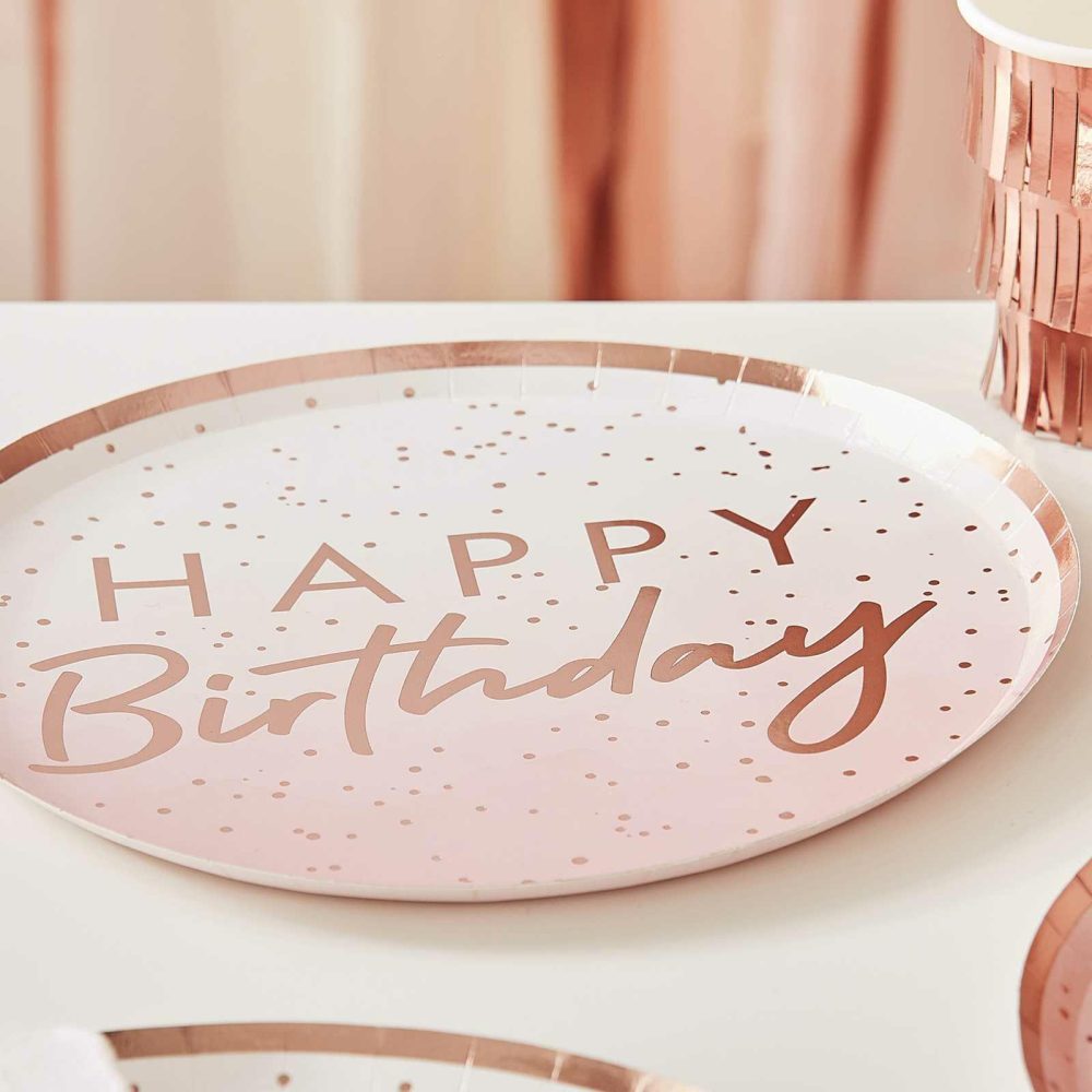 Paper Plates |   Rose Gold Ombre Paper Happy Birthday Plates Paper Plates Paper Plates