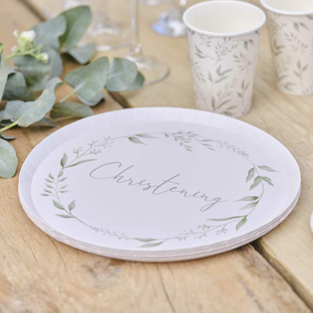 Paper Plates |   White And Green Christening Paper Plates Paper Plates Paper Plates