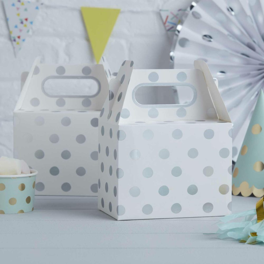 Party Bags & Boxes |   Silver Foiled Polka Dot Party Boxes – Pick & Mix Party Accessories Party Bags & Boxes