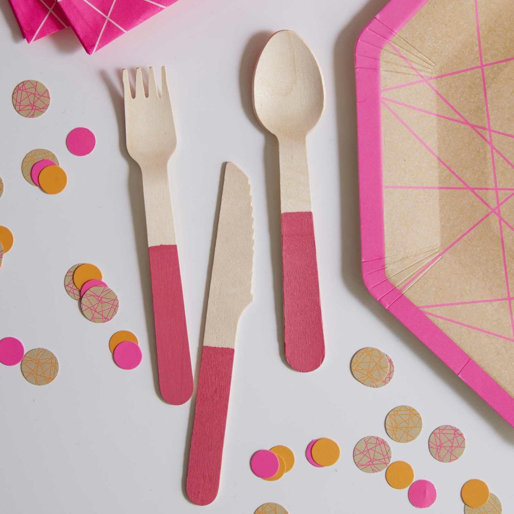 Party Cutlery |   Pink Neon Wooden Cutlery – Neon Birthday Party Cutlery