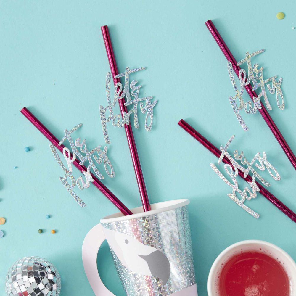 Party Straws |   Hot Pink Foiled Lets Party Paper Straws Party Straws Party Straws