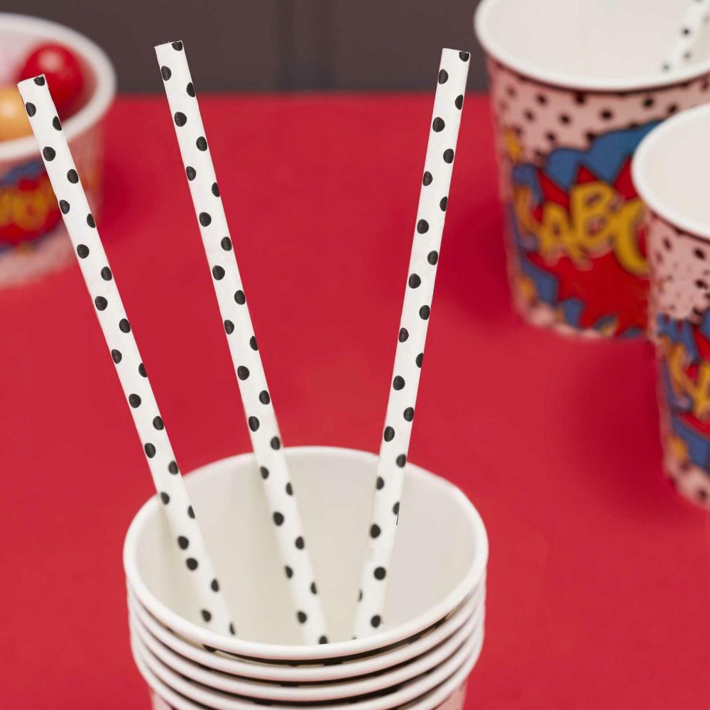 Party Straws |   White And Black Polka Dot Comic Superhero Paper Straws Party Straws Party Straws