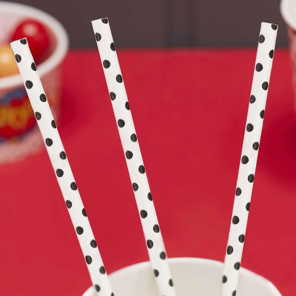 Party Straws |   White And Black Polka Dot Comic Superhero Paper Straws Party Straws Party Straws