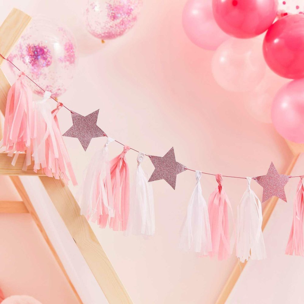 Room Decorations |   Pink Tassel Garland With Pink Glitter Stars Bunting & Garlands Bunting & Garlands