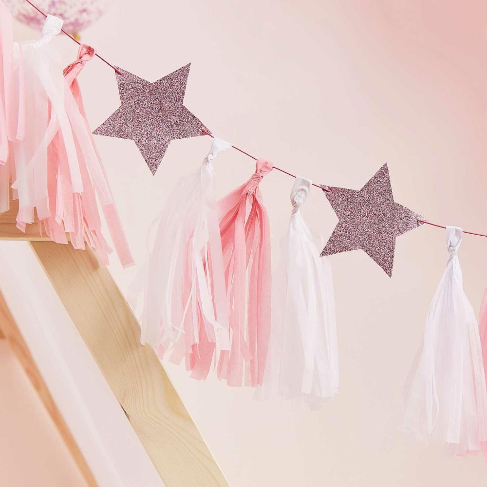 Room Decorations |   Pink Tassel Garland With Pink Glitter Stars Bunting & Garlands Bunting & Garlands