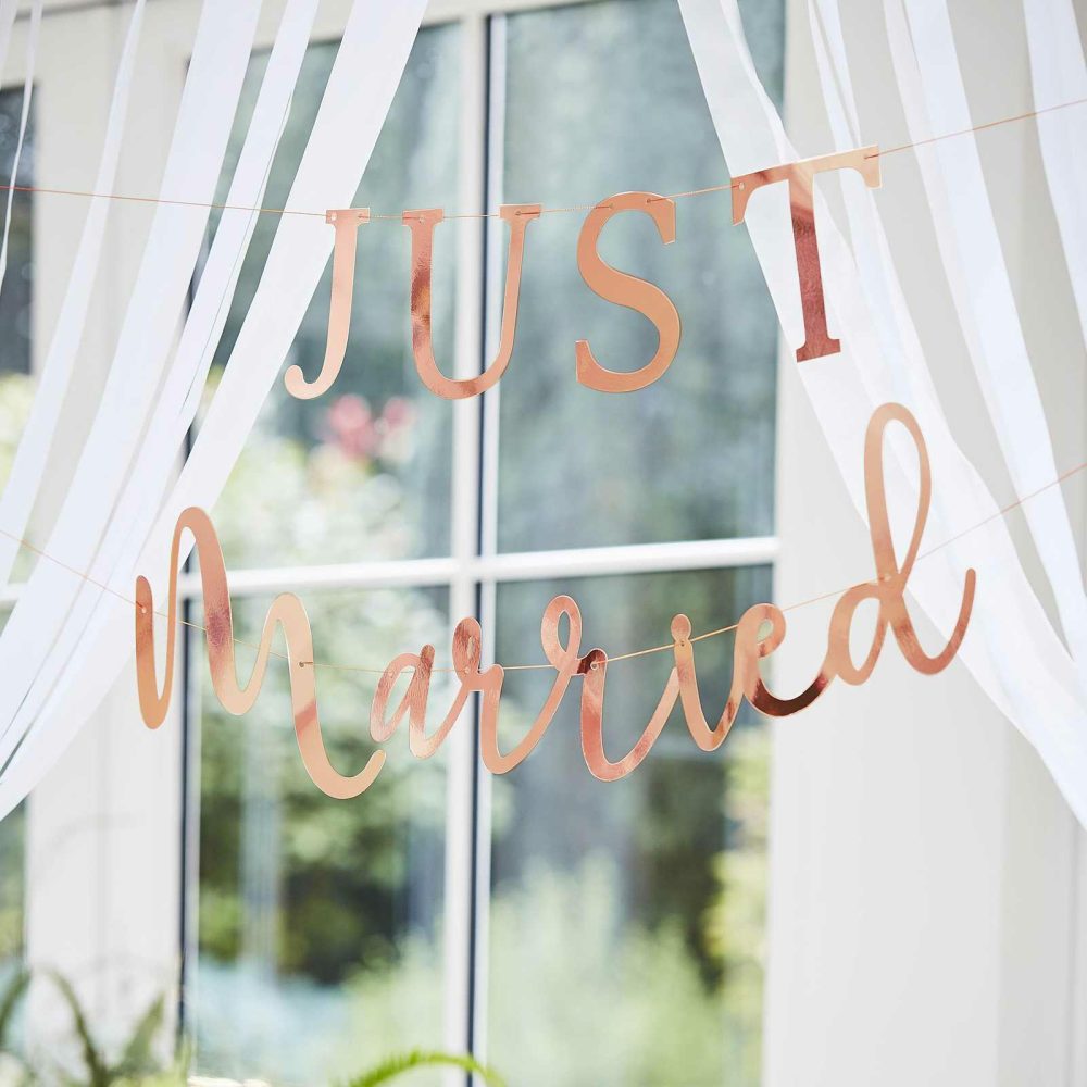 Wedding Bunting |   Rose Gold Scripted Just Married Banner Wedding Bunting Wedding Bunting