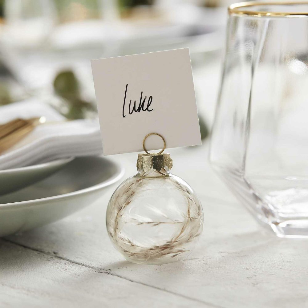 Wedding Place Cards & Holders |   Glass Bauble Christmas Place Card Holders With Pampas Grass Wedding Place Cards & Holders Wedding Place Cards & Holders