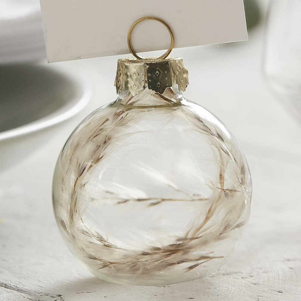 Wedding Place Cards & Holders |   Glass Bauble Christmas Place Card Holders With Pampas Grass Wedding Place Cards & Holders Wedding Place Cards & Holders