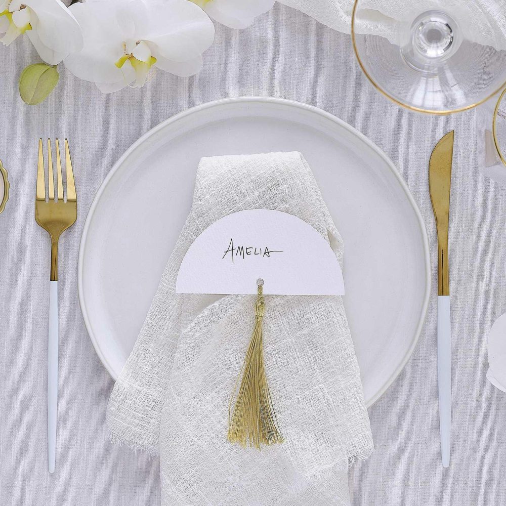 Wedding Place Cards & Holders |   White Wedding Place Cards With Gold Tassels Wedding Place Cards & Holders Wedding Place Cards & Holders