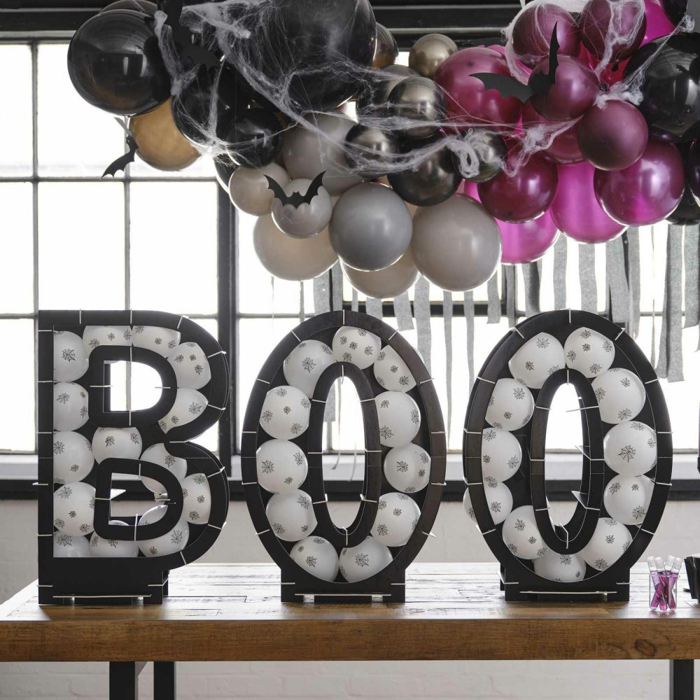 Balloon Mosaic Stands |   Black Boo Halloween Balloon Mosaic Stand Kit With Cobweb Balloons Balloon Mosaic Stands Balloon Mosaic Stands