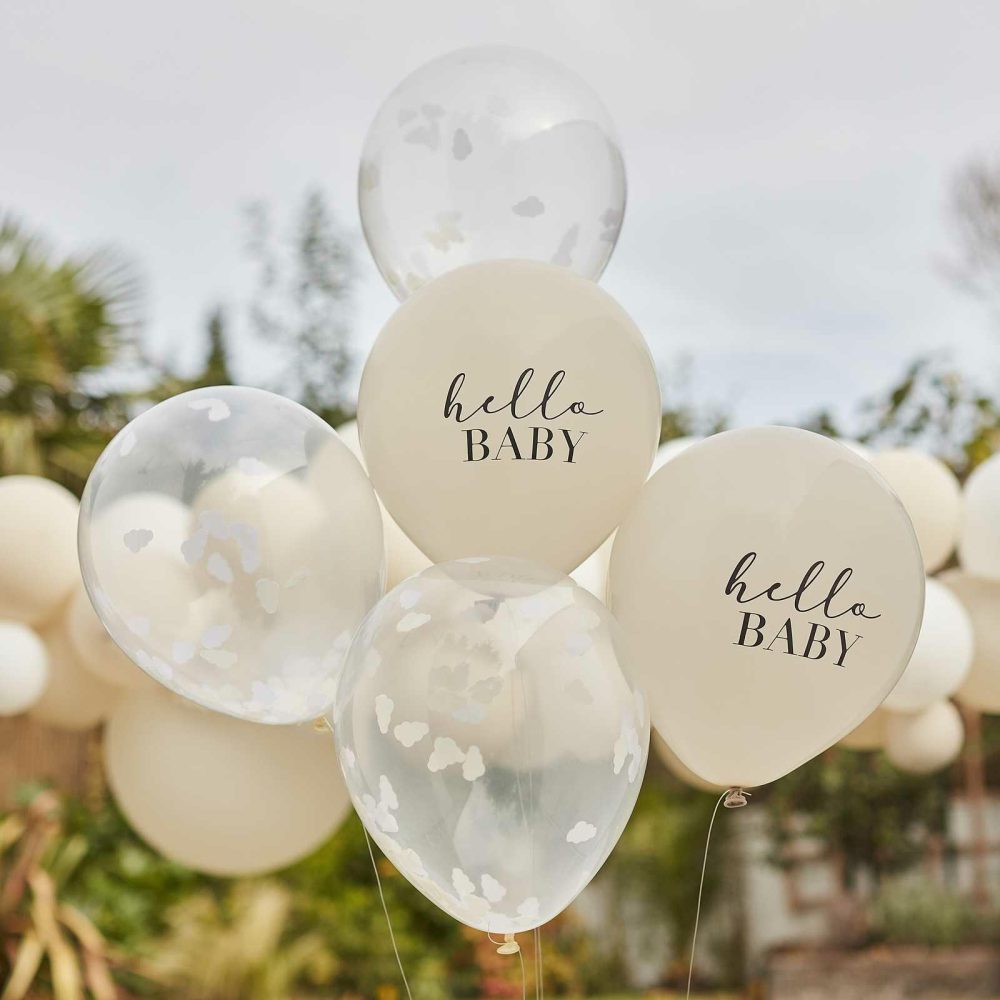 Latex Balloons |   Hello Baby Taupe And Cloud Confetti Baby Shower Balloons Balloons Confetti Balloons