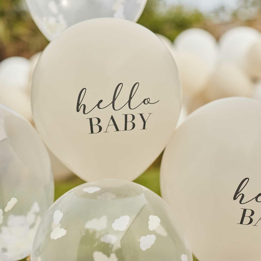 Latex Balloons |   Hello Baby Taupe And Cloud Confetti Baby Shower Balloons Balloons Confetti Balloons