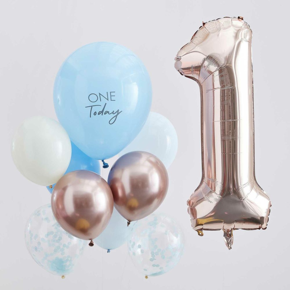 Number Balloons |   Blue And Rose Gold First Birthday Balloons Balloons Number Balloons