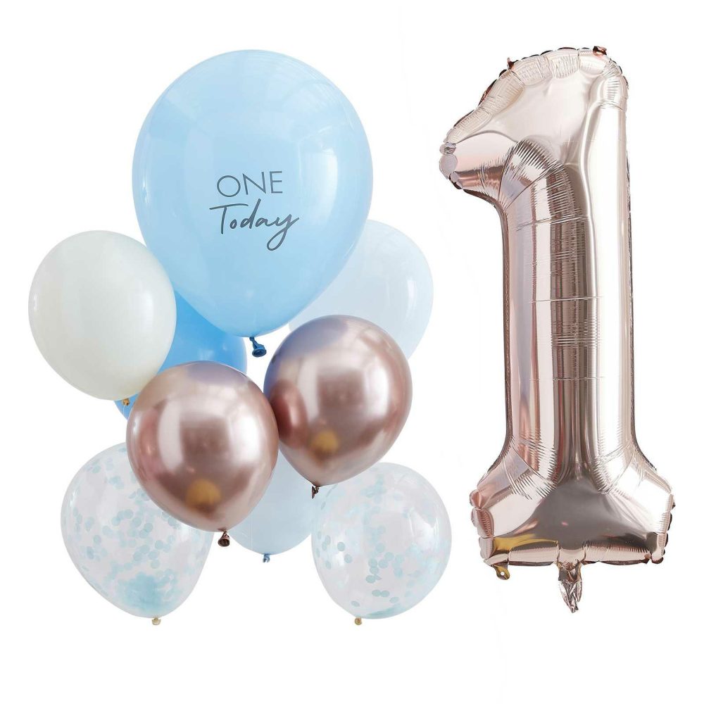 Number Balloons |   Blue And Rose Gold First Birthday Balloons Balloons Number Balloons