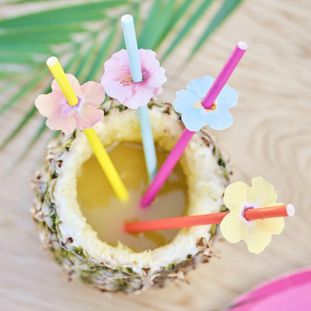 Party Straws |   Hawaiian Paper Party Straws With Flower Toppers Party Straws Party Straws