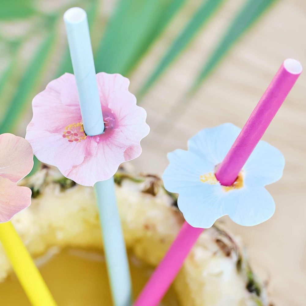 Party Straws |   Hawaiian Paper Party Straws With Flower Toppers Party Straws Party Straws