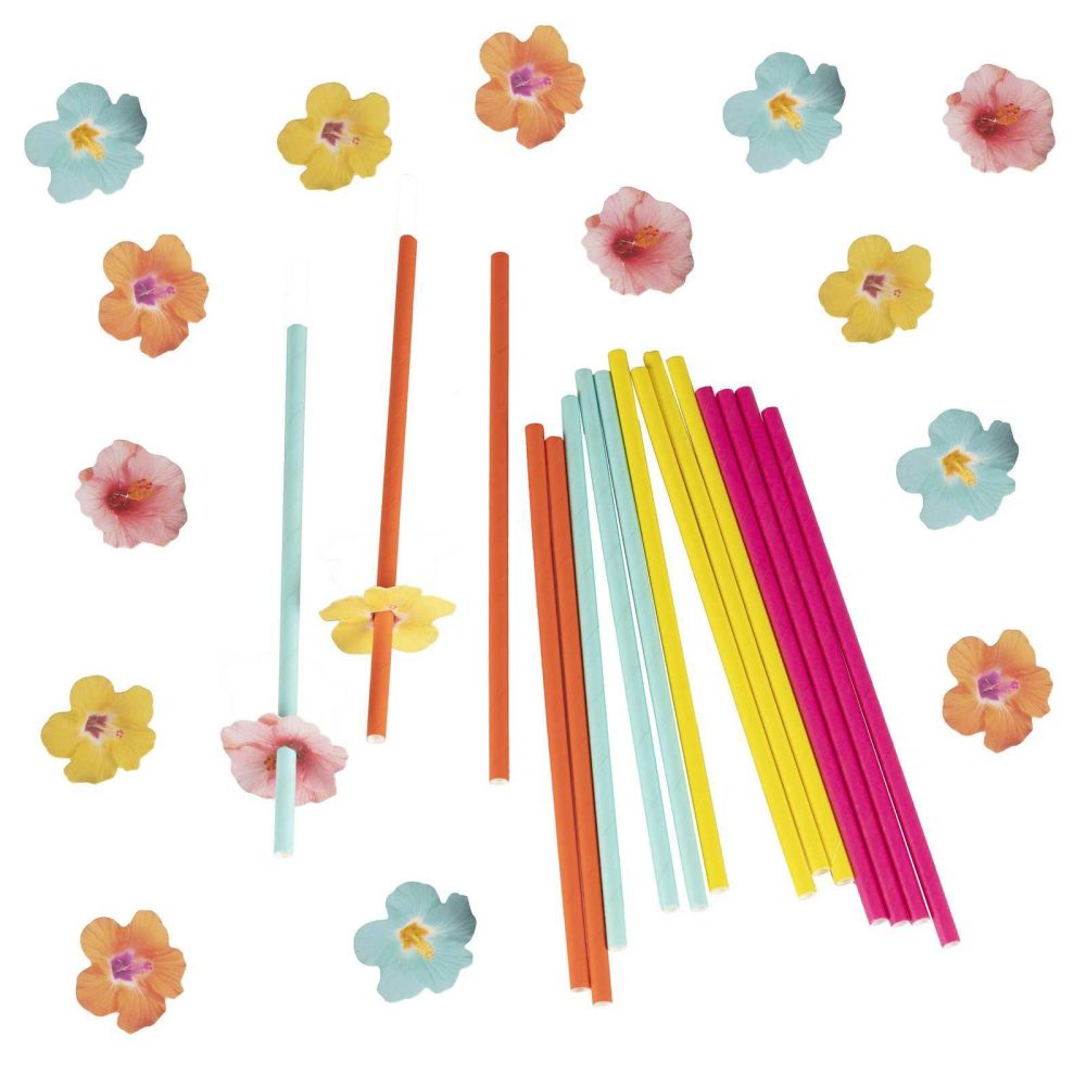 Party Straws |   Hawaiian Paper Party Straws With Flower Toppers Party Straws Party Straws