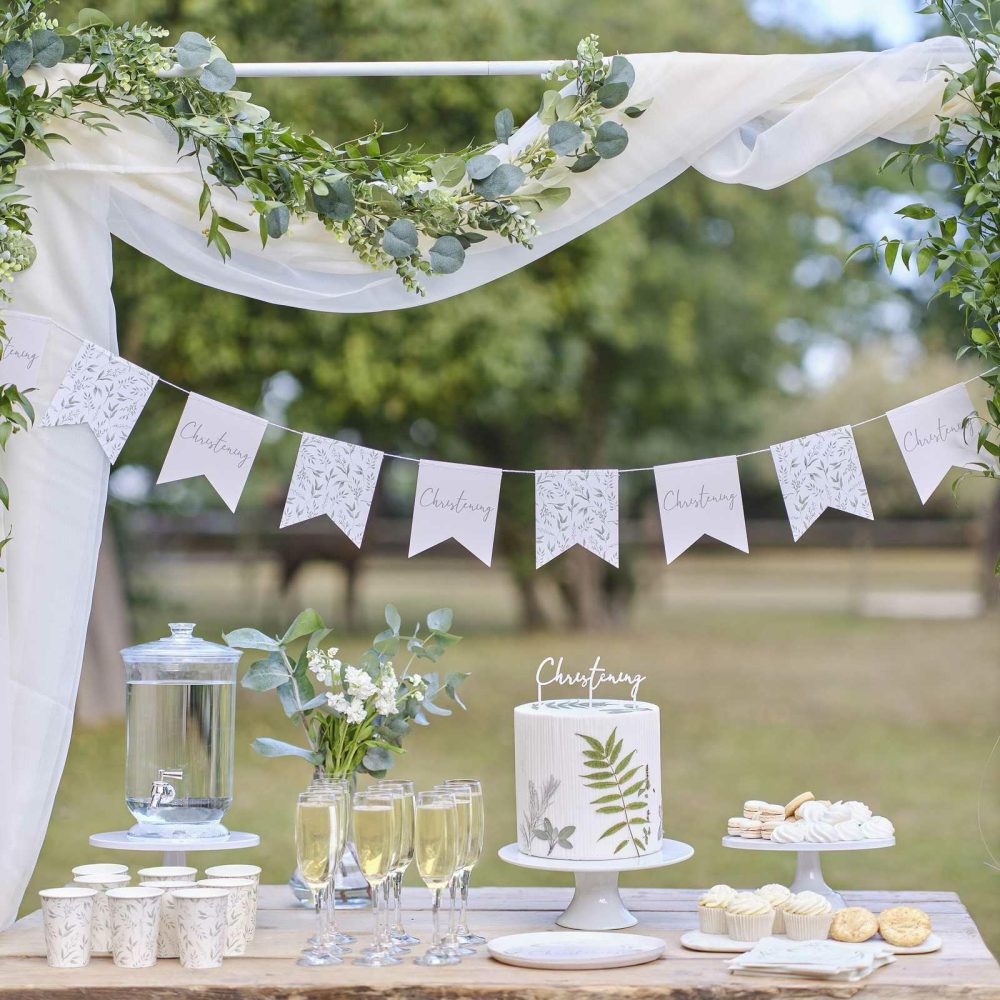 Room Decorations |   White And Green Botanical Christening Bunting Party Decorations Room Decorations