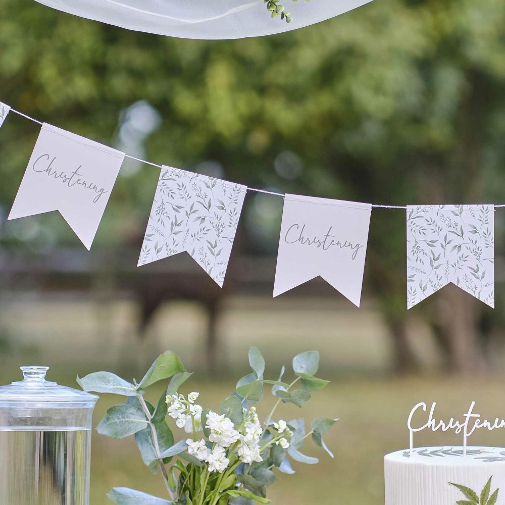 Room Decorations |   White And Green Botanical Christening Bunting Party Decorations Room Decorations