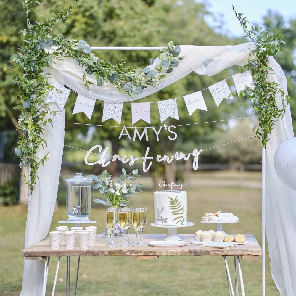 Room Decorations |   White And Green Botanical Christening Bunting Party Decorations Room Decorations