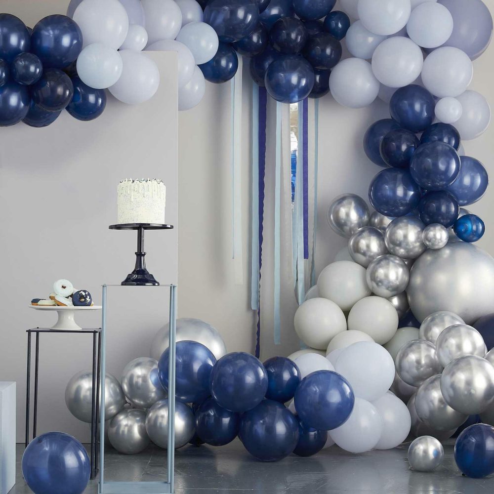 Latex Balloons |   Luxe Silver, Navy & Blue Balloon Arch Kit Balloon Arches Balloon Arches