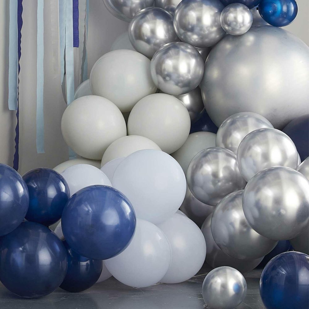 Latex Balloons |   Luxe Silver, Navy & Blue Balloon Arch Kit Balloon Arches Balloon Arches